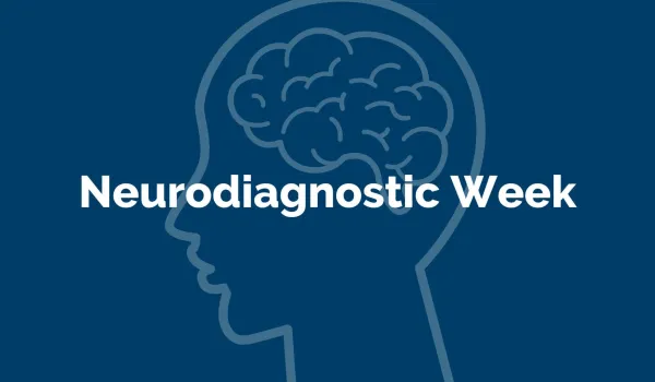 Neurodiagnostic Week on blue background with faded illustration of head and brain