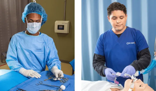 On the left, a male surgical technologist in face mask and surgical cap and gown prepares surgical instruments for surgery and on the right, a male respiratory therapist with dark hair and blue scrubs works with patient on a ventilator