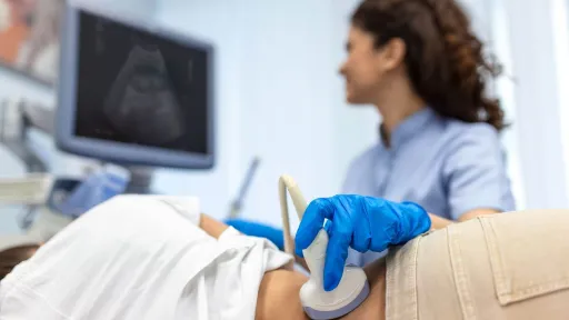 Sonographer conducting abdominal ultrasound with patient while monitoring live scan results.