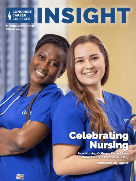Nursing edition of Insight Magazine cover featuring 2 nurses in blue scrubs smiling.