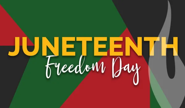 Juneteenth Freedom Day text on green red and black pattern background with torch overlay