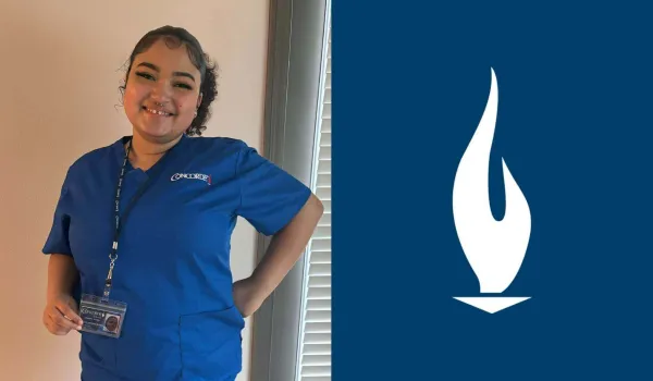 Daviana in her Concorde scrubs next to an image of a white Concorde logo in front of a blue background