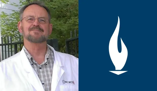 Phil Finch in Concorde lab coat next to white Concorde logo on blue background