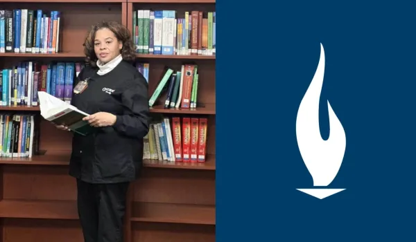 Selinza Mitchell holding a book in the learning resource center next to an image of the Concorde logo.