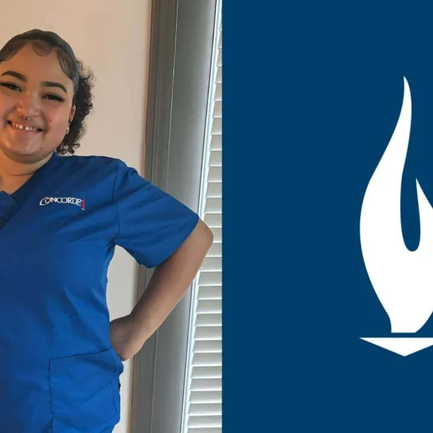 Daviana in her Concorde scrubs next to an image of a white Concorde logo in front of a blue background