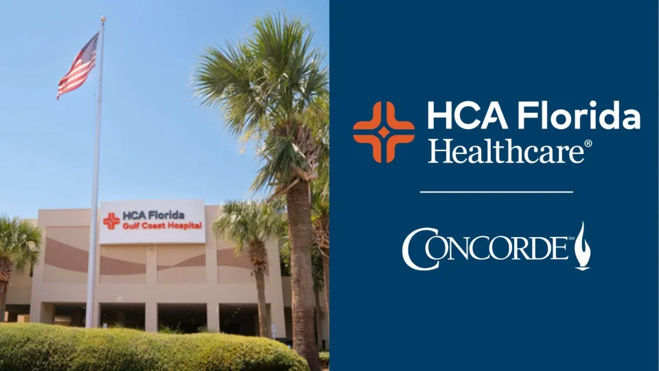 HCA Florida Gulf Coast Hospital next to their logo and Concorde logo. HCA Florida Gulf Coast Hospital next to their logo and Concorde logo