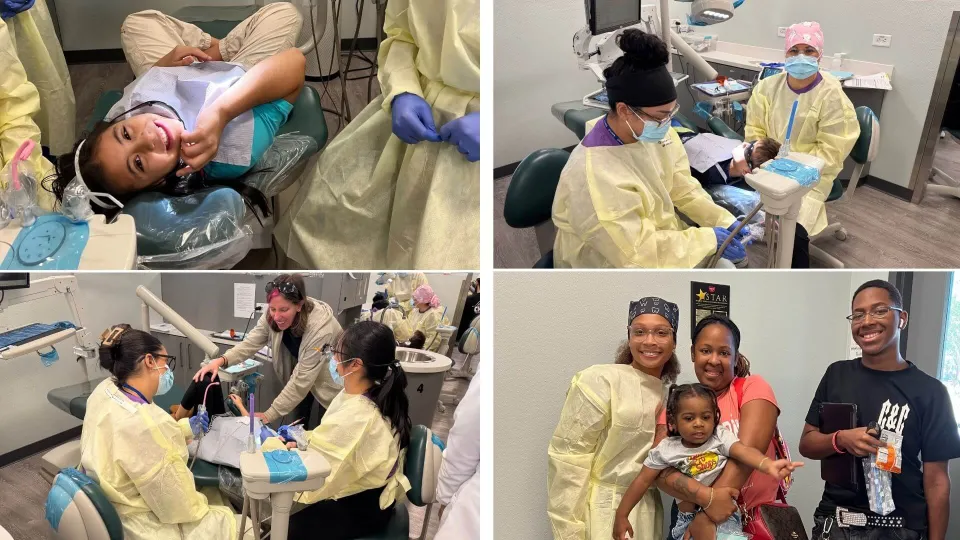 Four-picture collage of a Concorde Smile Event including three pictures of students providing dental services and a picture of two patients smiling with their mother.