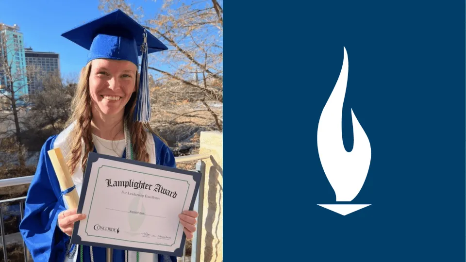 Female-graduate-wears-blue-cap-and-gown-and-smiles-while-holding-Lamplighter-certificate-from-Concorde-Career-College-San-Antonio