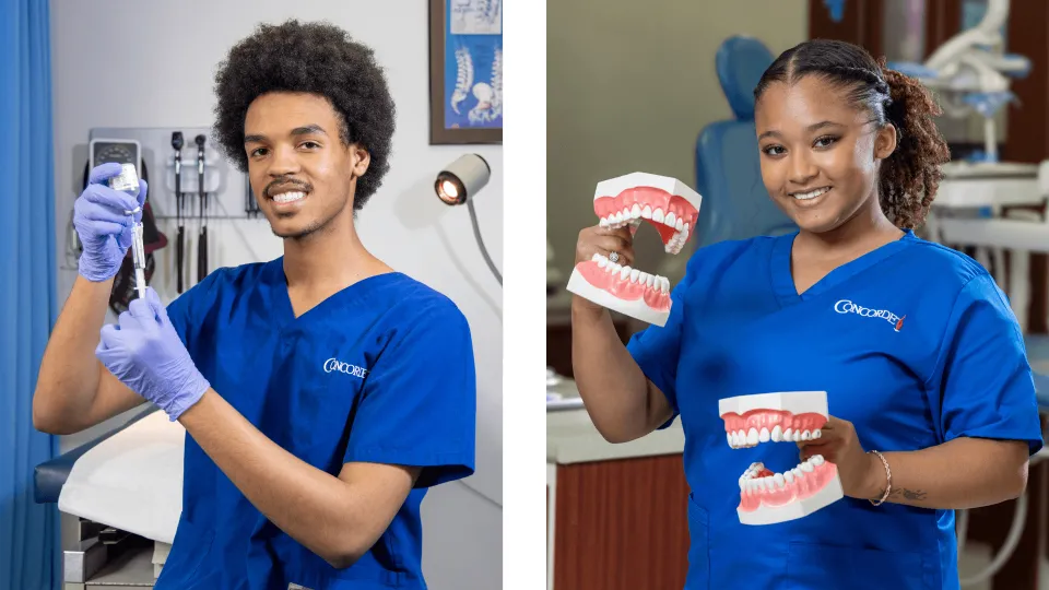 A male medical assistant wearing blue scrubs and gloves in a hospital prepares a syringe of medication to be administered while smiling at camera compared to a female dental assistant wearing blue scrubs holds two models of teeth in dental clinic and smil