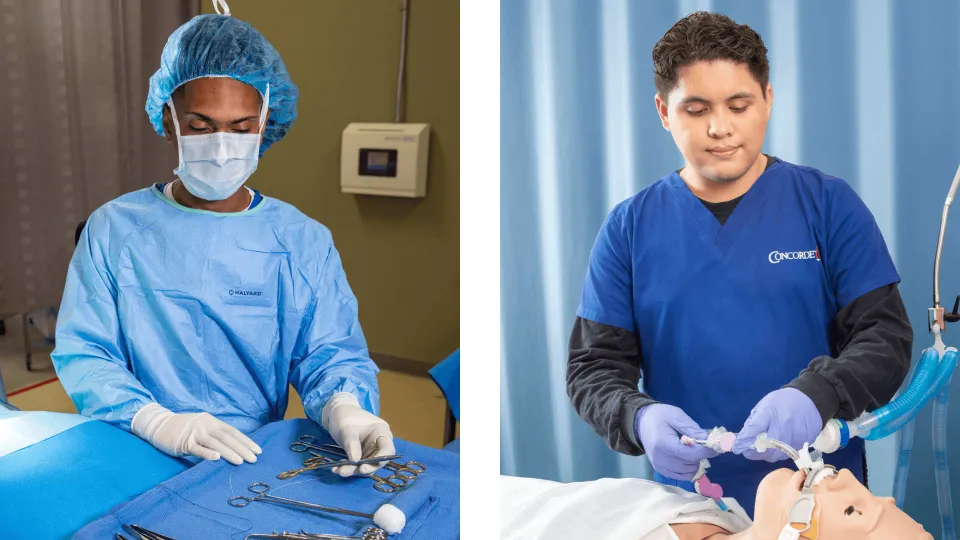 On the left, a male surgical technologist in face mask and surgical cap and gown prepares surgical instruments for surgery and on the right, a male respiratory therapist with dark hair and blue scrubs works with patient on a ventilator
