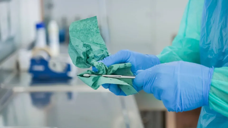 A person wearing a blue protective gown and surgical gloves carefully wipes and cleans a small surgical instrument during the decontamination phase of sterile processing.