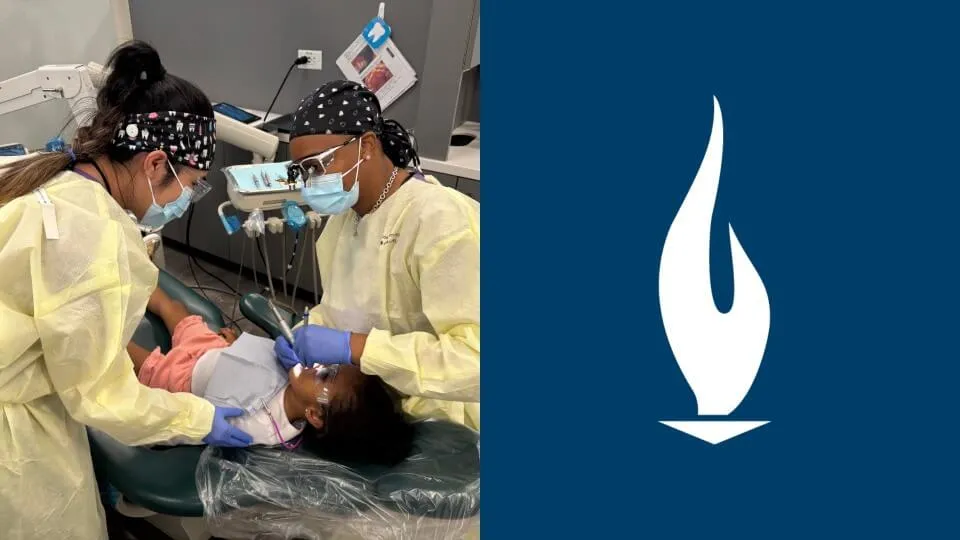 Two Concorde Dental Hygiene students providing no-cost dental services to a pediatric patient. Two Concorde Dental Hygiene students providing no-cost dental services to a pediatric patient.