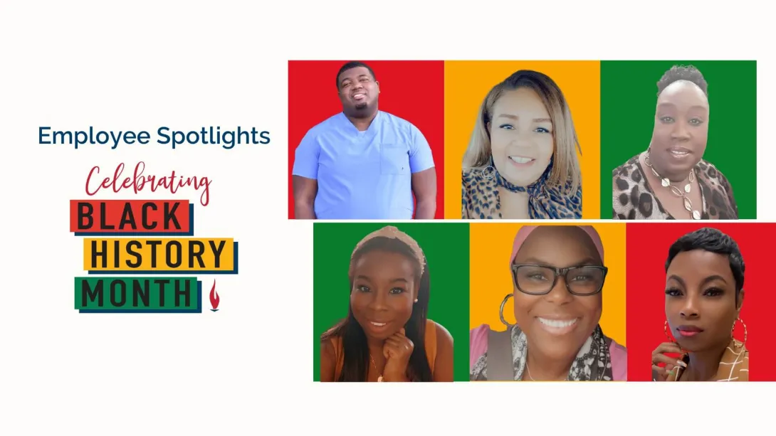 Text reading Employee Spotlights Celebrating Black History Month with images of employees in colorful boxes